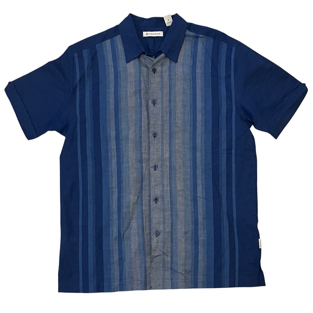 Guayabera Cotton Linen Camp Shirt Cubavera Ombré Coastal Blue Stripe men medium